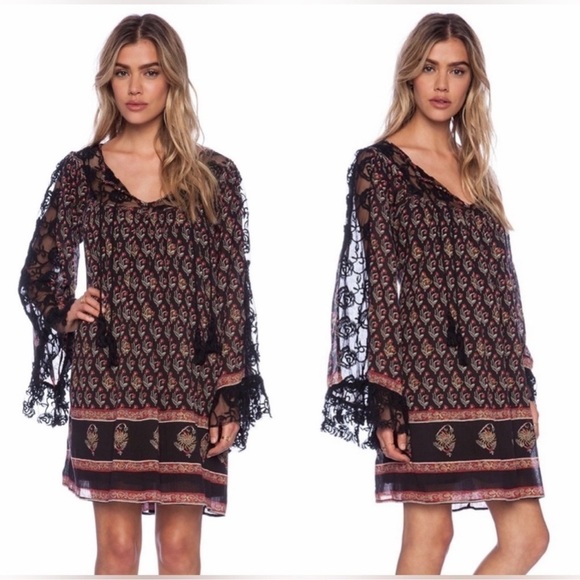 Free People Nomad Child Boho Black Floral Lace Detail Dress Tie Tassel neck xs - Picture 6 of 14
